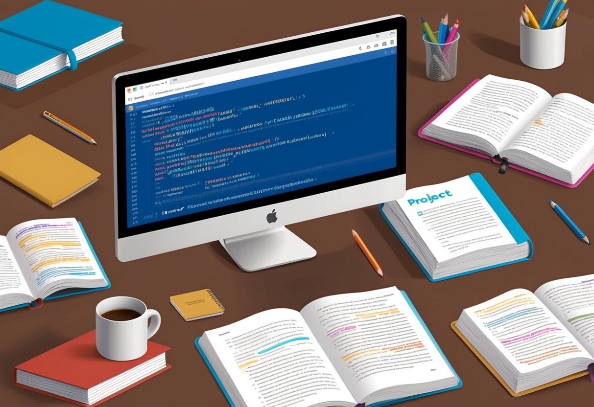 A computer screen displaying Python code, surrounded by open books and notebooks filled with project ideas