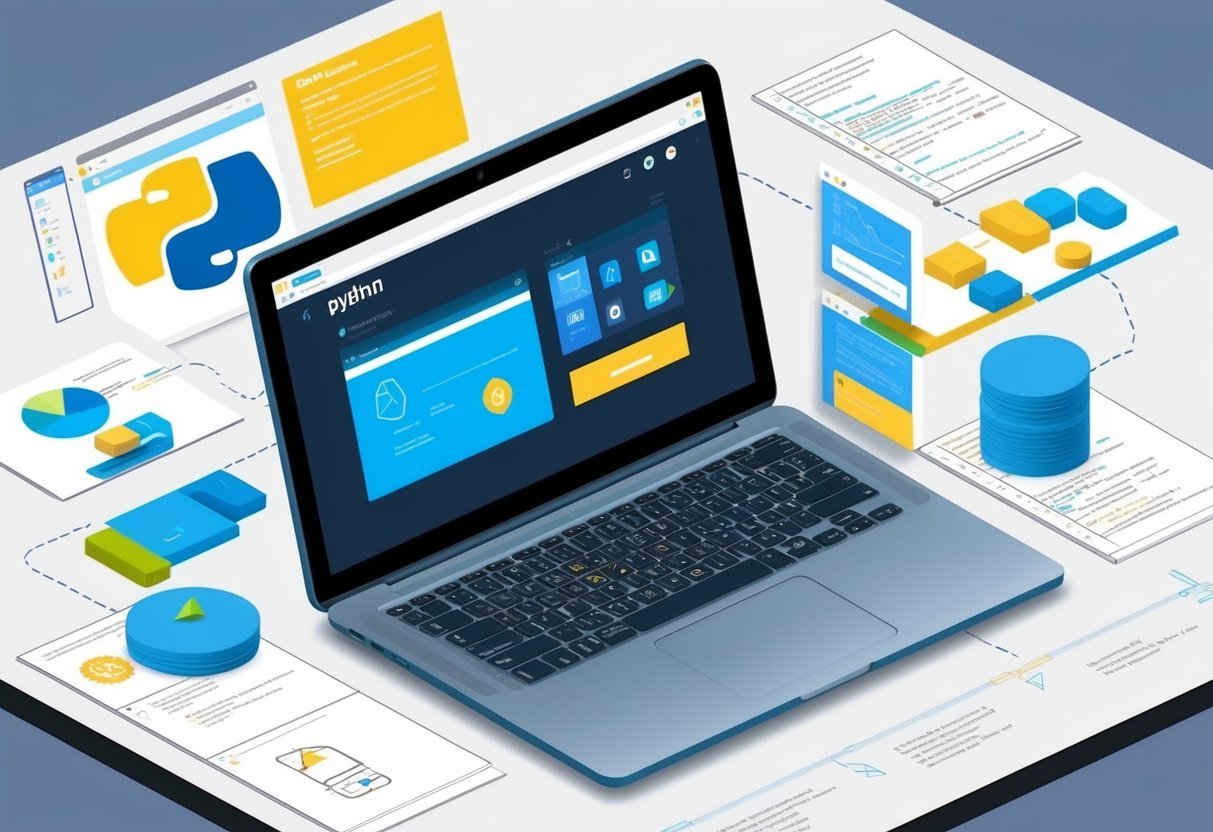 A laptop displaying a Python-based web app with interactive elements, surrounded by project sketches and code snippets