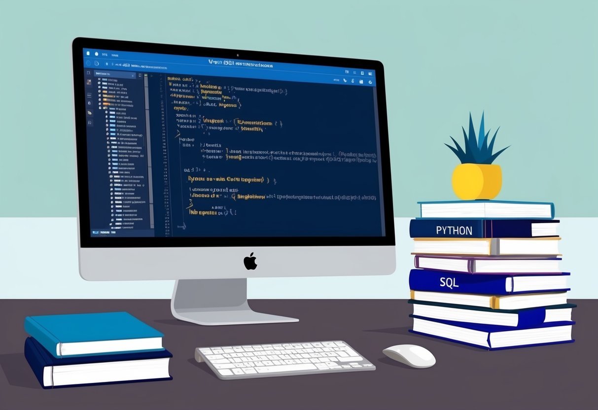A computer screen displaying Python and SQL code with a book on Python programming and a stack of SQL reference books nearby