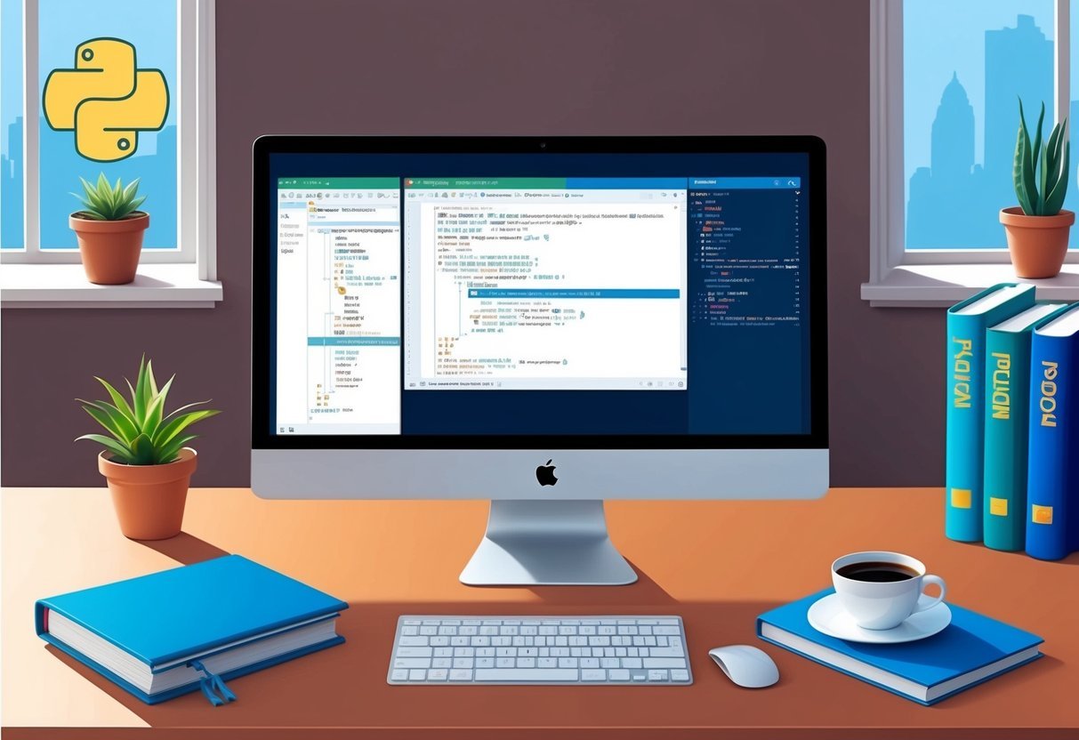 A computer screen displaying a Python code editor with game development projects on a desk with programming books and a cup of coffee