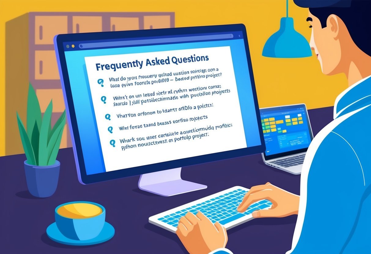 A computer screen displaying a list of frequently asked questions related to Python-based portfolio projects, with a person working on a laptop in the background