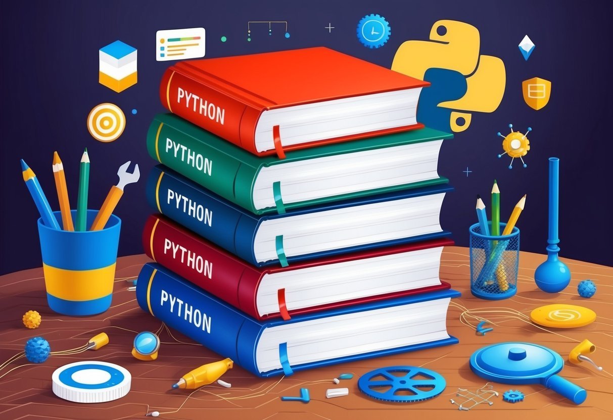 A stack of books on Python, surrounded by various coding tools and decorative elements
