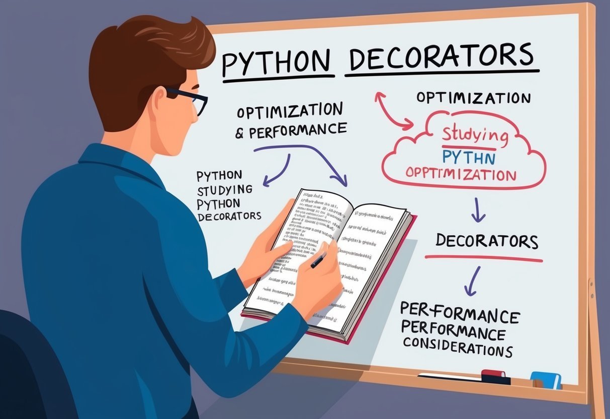 A person studying a book on Python decorators with various optimization and performance considerations written on a whiteboard