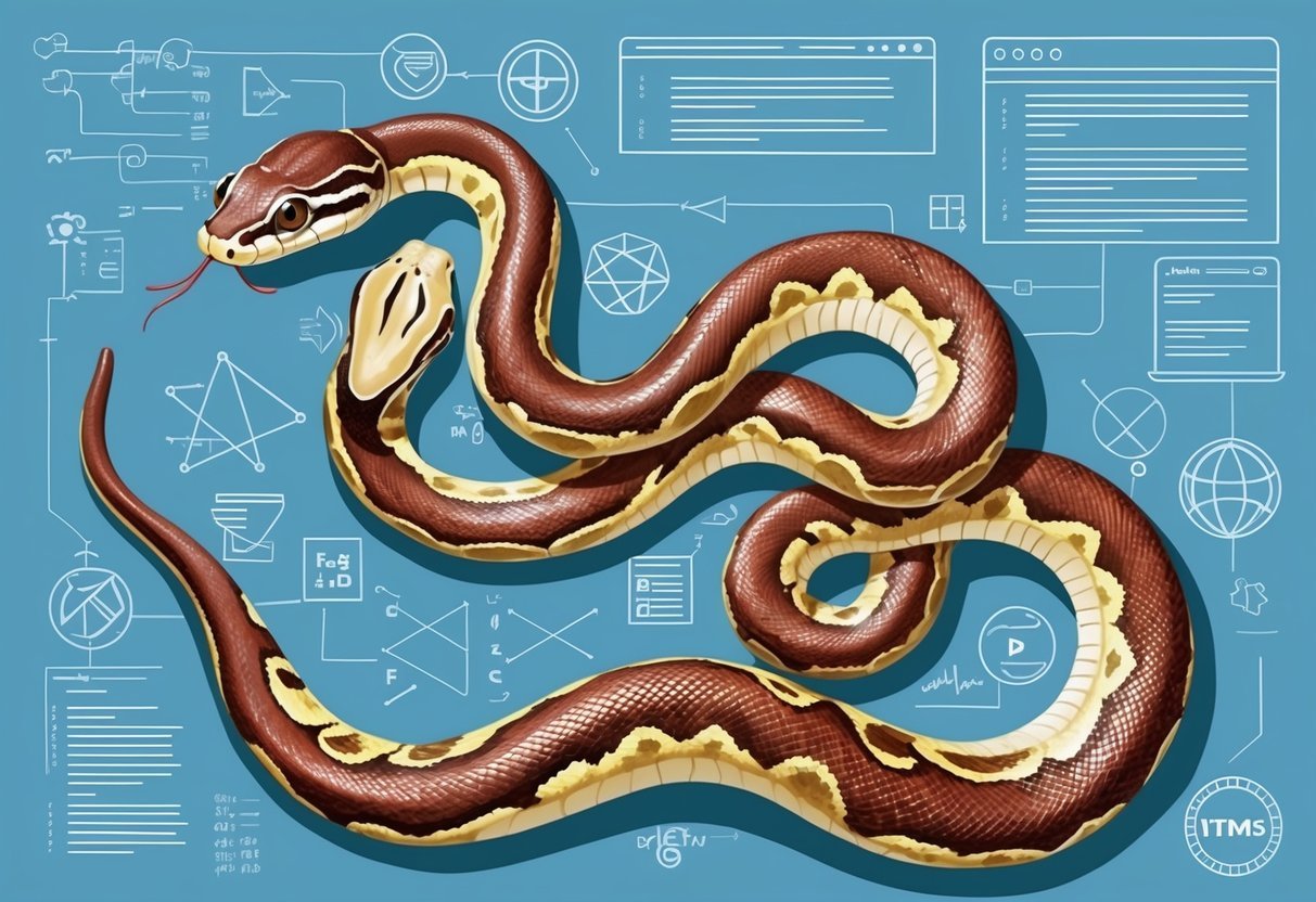 A python snake entwined with various programming symbols and concepts