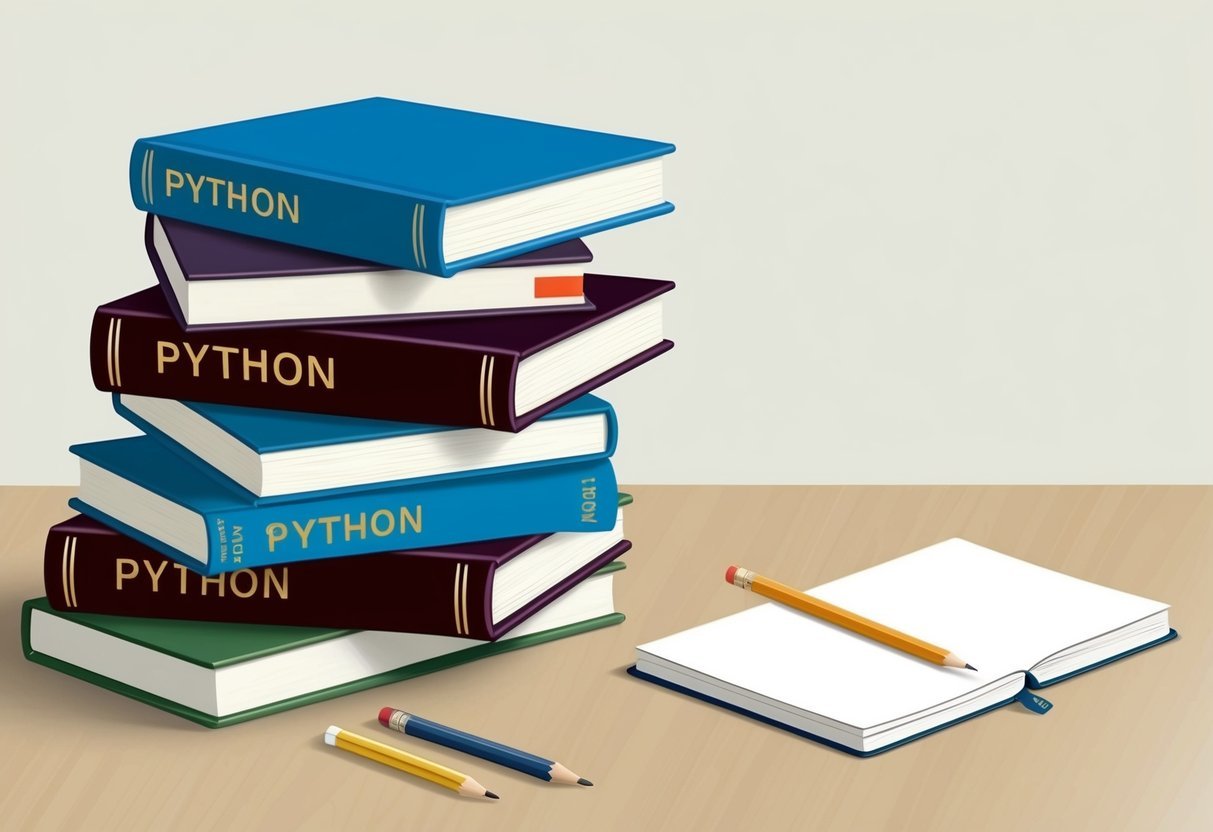 A stack of books with "Python" on the spine, a notebook, and a pencil on a desk