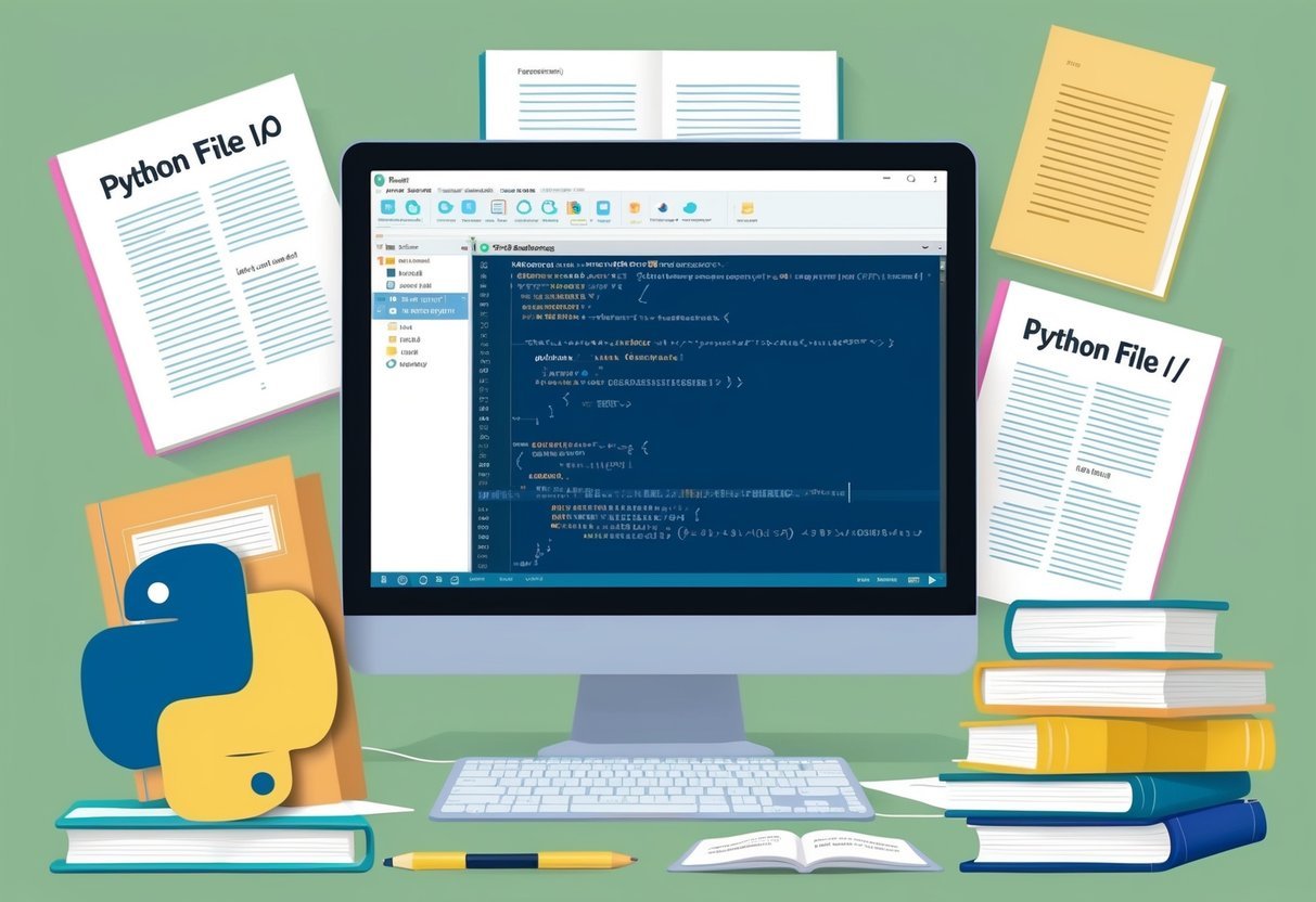 A computer screen displays a Python code editor with a program open, surrounded by open books and papers on Python file I/O