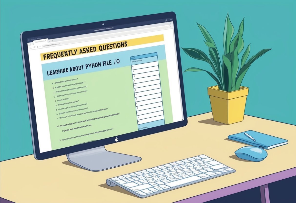 A computer screen displaying a webpage titled "Frequently Asked Questions Learning About Python File I/O" with a list of questions and answers