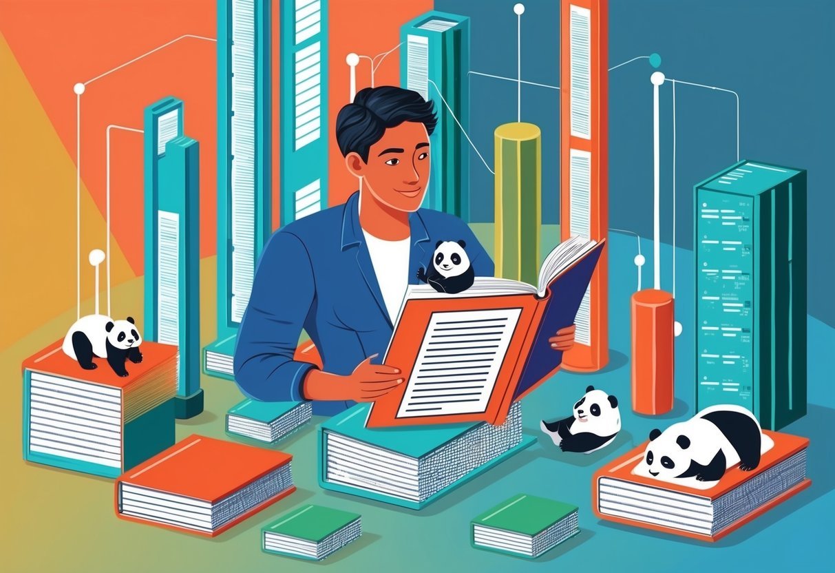 A person studying a book on Pandas, surrounded by various data structures and columns