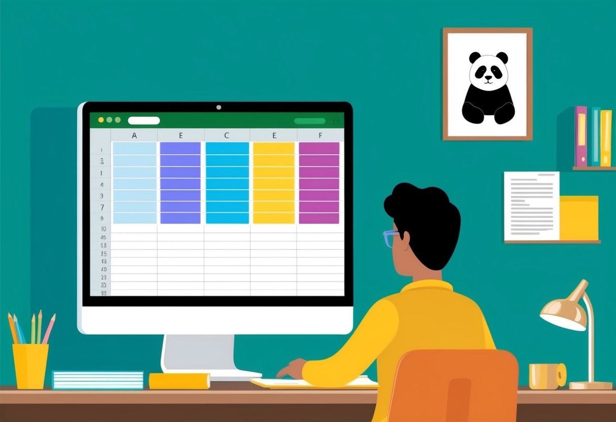 A person at a desk with a computer, books, and papers. A panda illustration on the wall. A spreadsheet with columns open on the screen