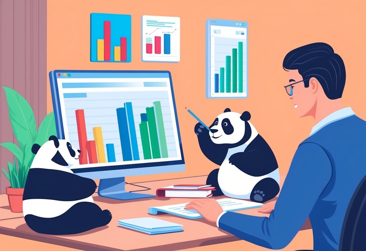 A person using a computer to analyze data with Pandas, focusing on columns and statistical analysis