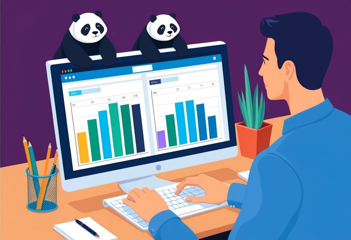 A person using a computer to analyze and visualize data using Pandas, focusing on manipulating and working with columns