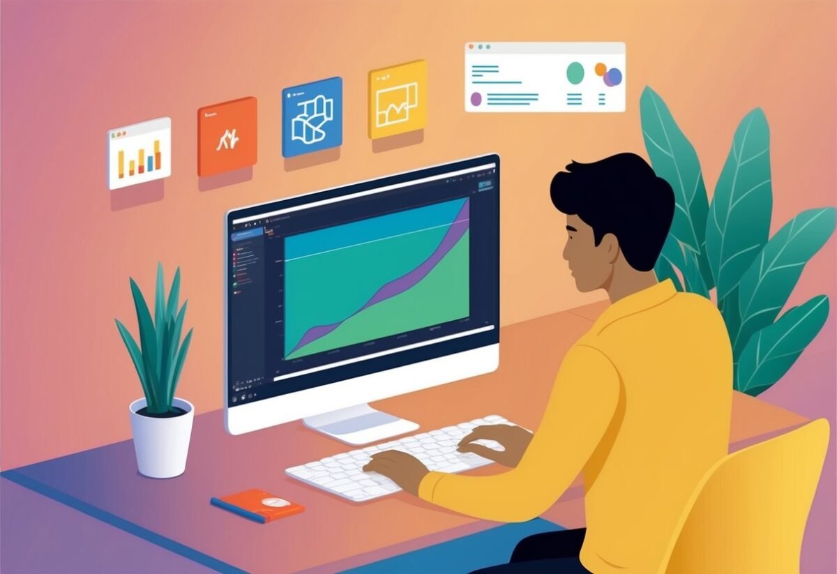 A person using a computer to create and export visualizations using the Matplotlib programming library