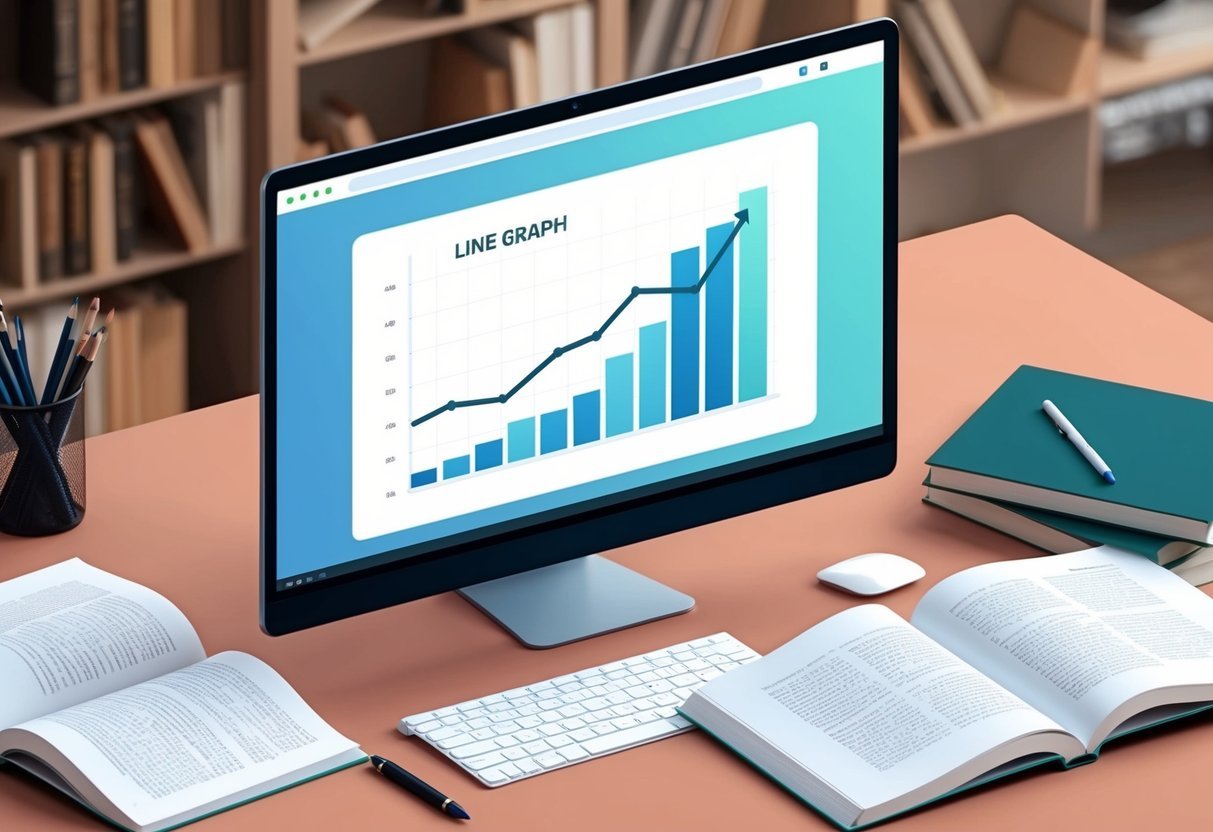 A computer screen displaying a line graph with a stylized legend, surrounded by open books and a pen