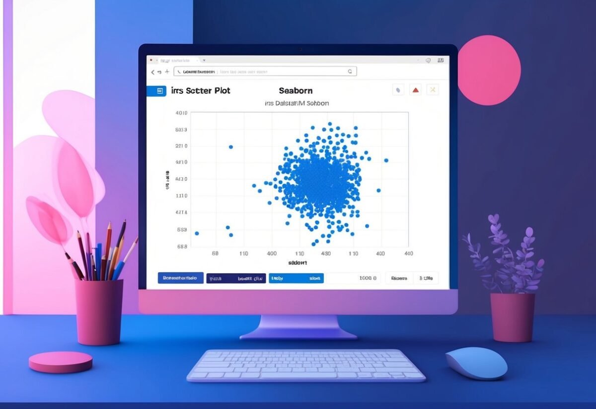 A computer screen with a scatter plot displaying the Iris dataset using Seaborn