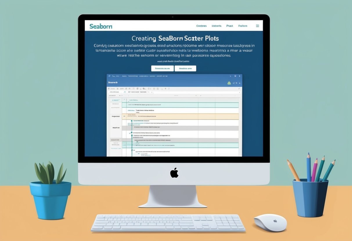 A computer screen displaying a tutorial on creating Seaborn scatter plots with a list of frequently asked questions