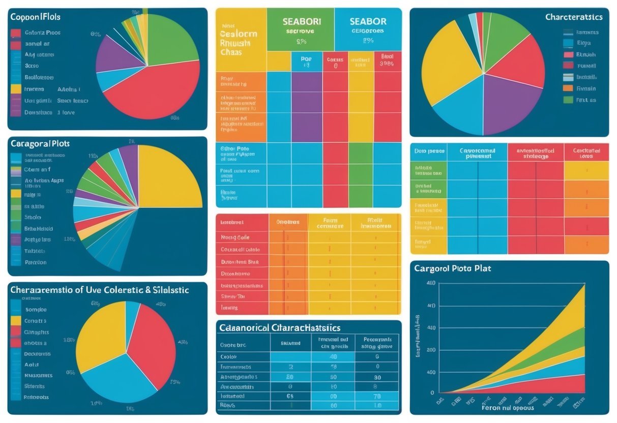 A colorful chart displaying various categorical plots and statistics, showcasing the characteristics of a dataset using Seaborn