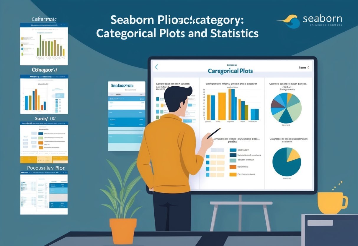 A person studying a chart with different categories and plot types for Seaborn Categorical Plots and Statistics