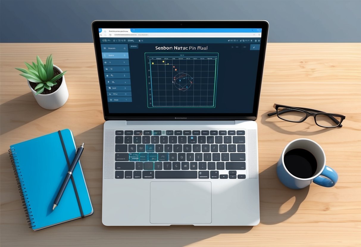 A laptop displaying a Seaborn matrix plot tutorial with a notebook, pen, and coffee mug on a desk