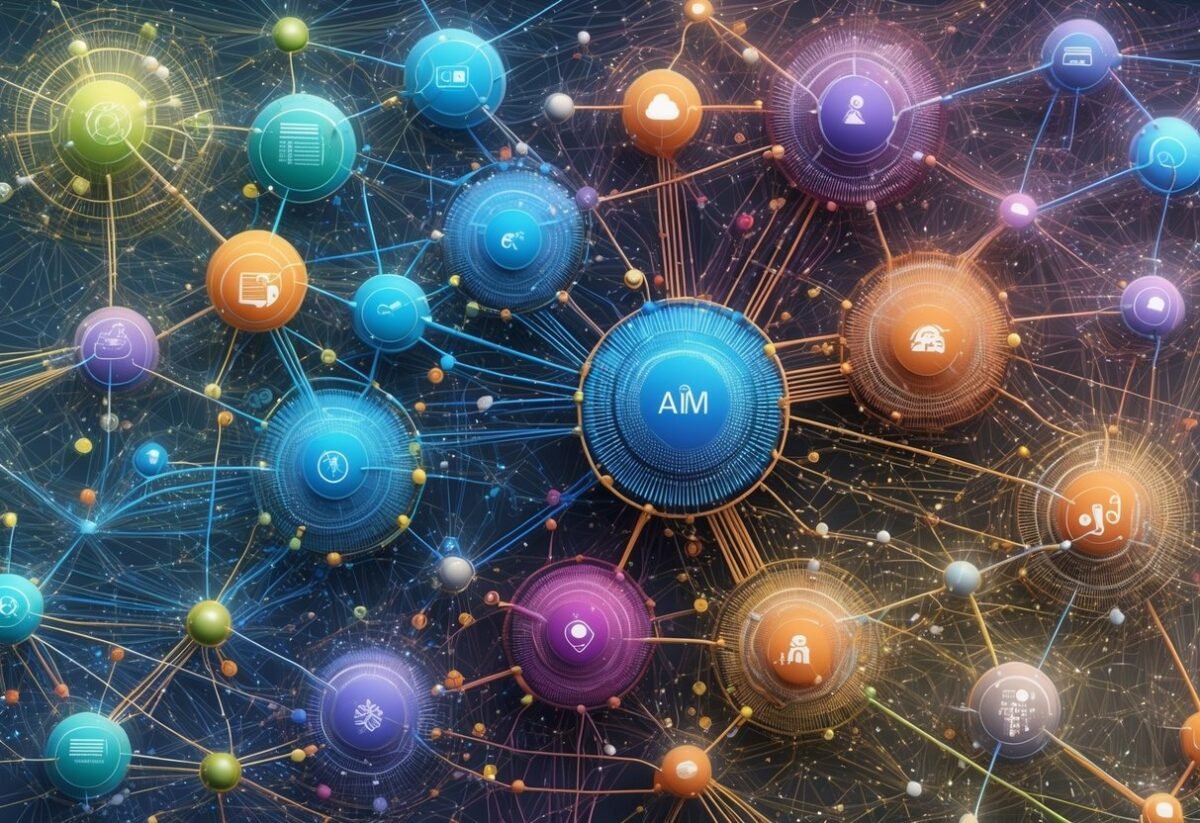 A diverse array of interconnected nodes and lines representing various types of machine learning algorithms