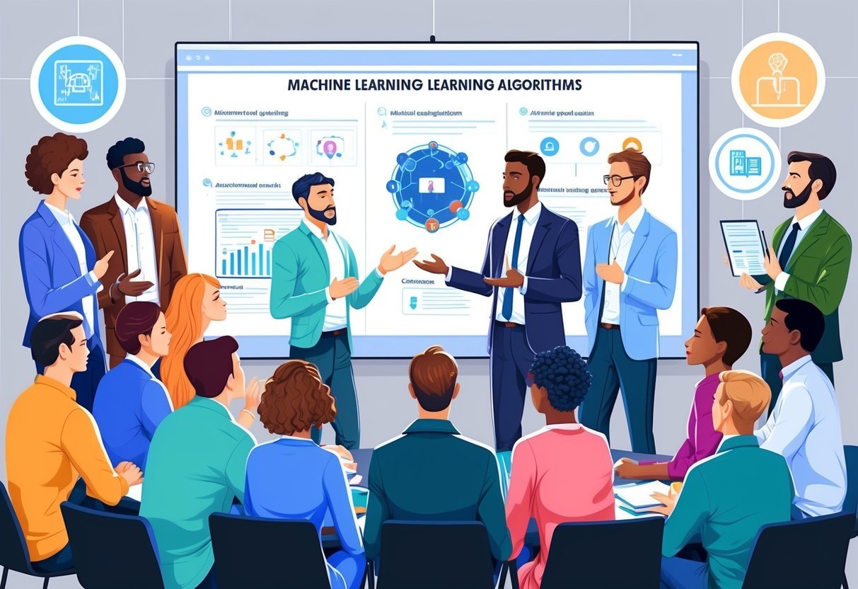 A group of diverse people gather around a presentation screen, discussing and learning about different types of machine learning algorithms