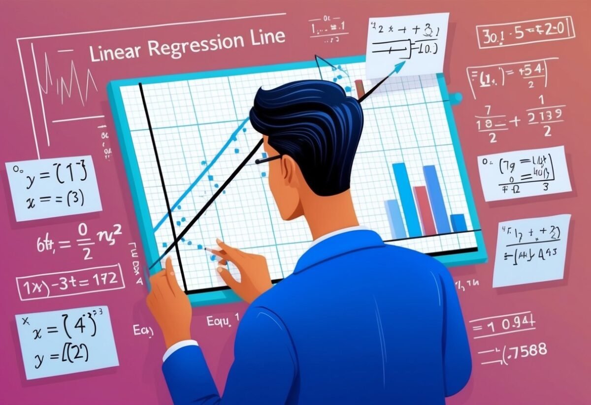 A person studying a graph with a linear regression line, surrounded by equations and statistical data