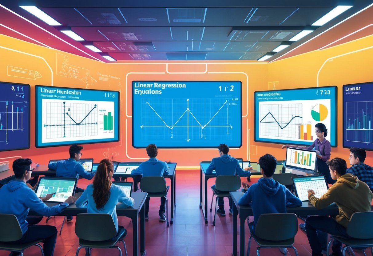 A futuristic classroom with interactive screens displaying linear regression equations, while students engage in hands-on activities with data sets and graphs