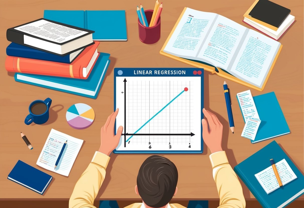 A person at a desk studying a graph with a linear regression line, surrounded by books and notes