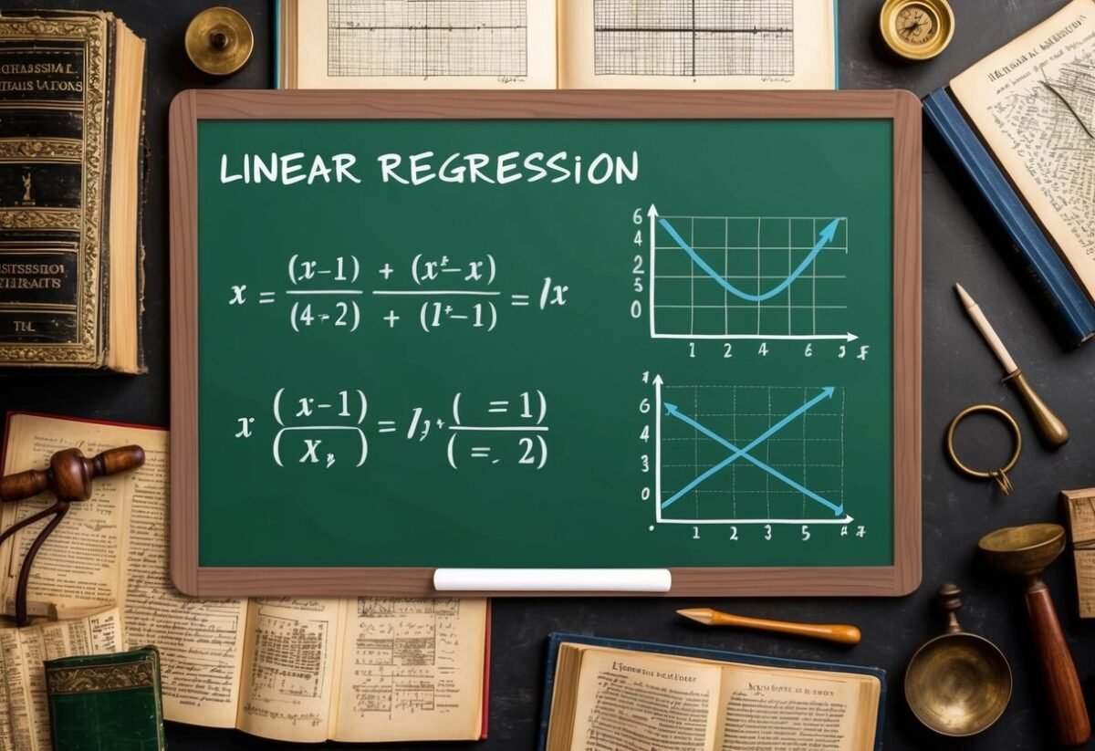 A chalkboard with equations and graphs depicting linear regression, surrounded by historical mathematical texts and tools