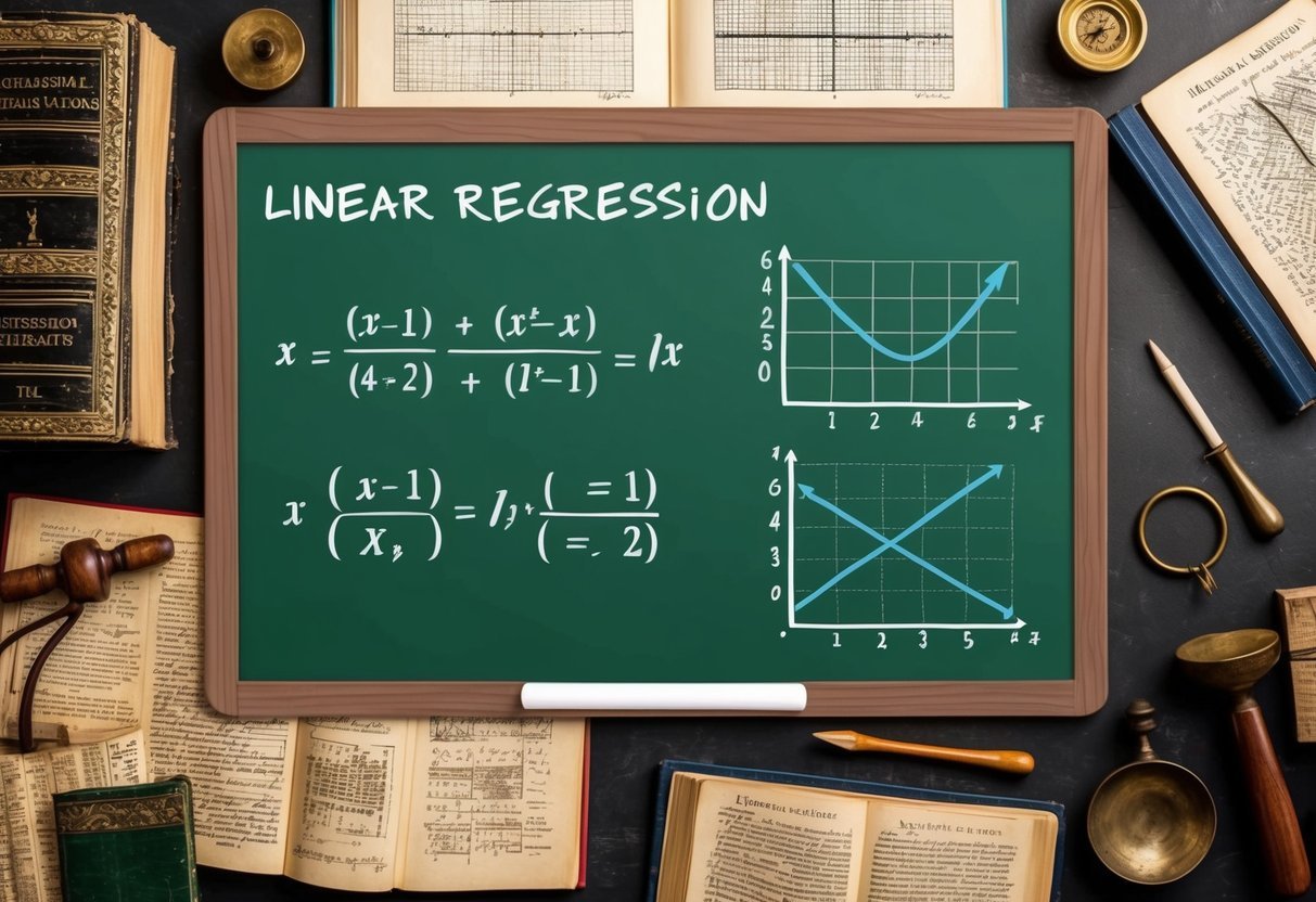 A chalkboard with equations and graphs depicting linear regression, surrounded by historical mathematical texts and tools