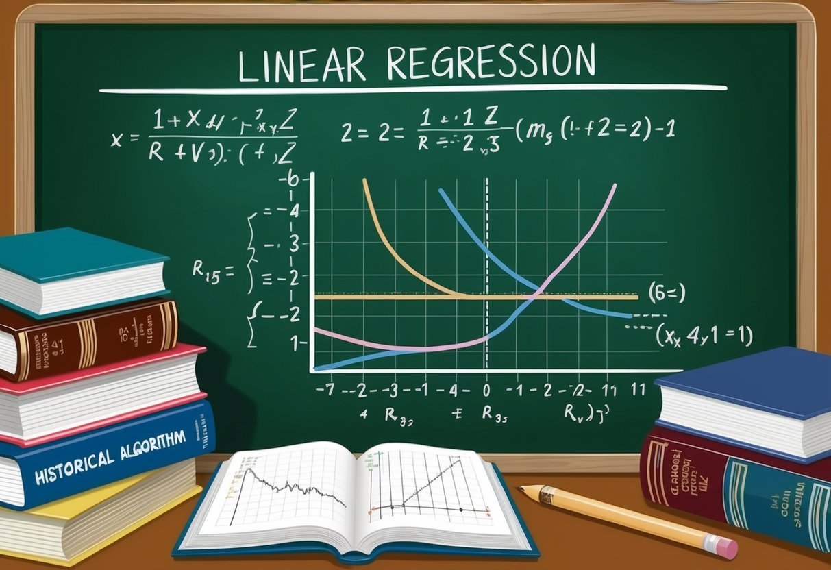 A chalkboard with equations and graphs depicting linear regression, surrounded by statistical textbooks and historical algorithm diagrams