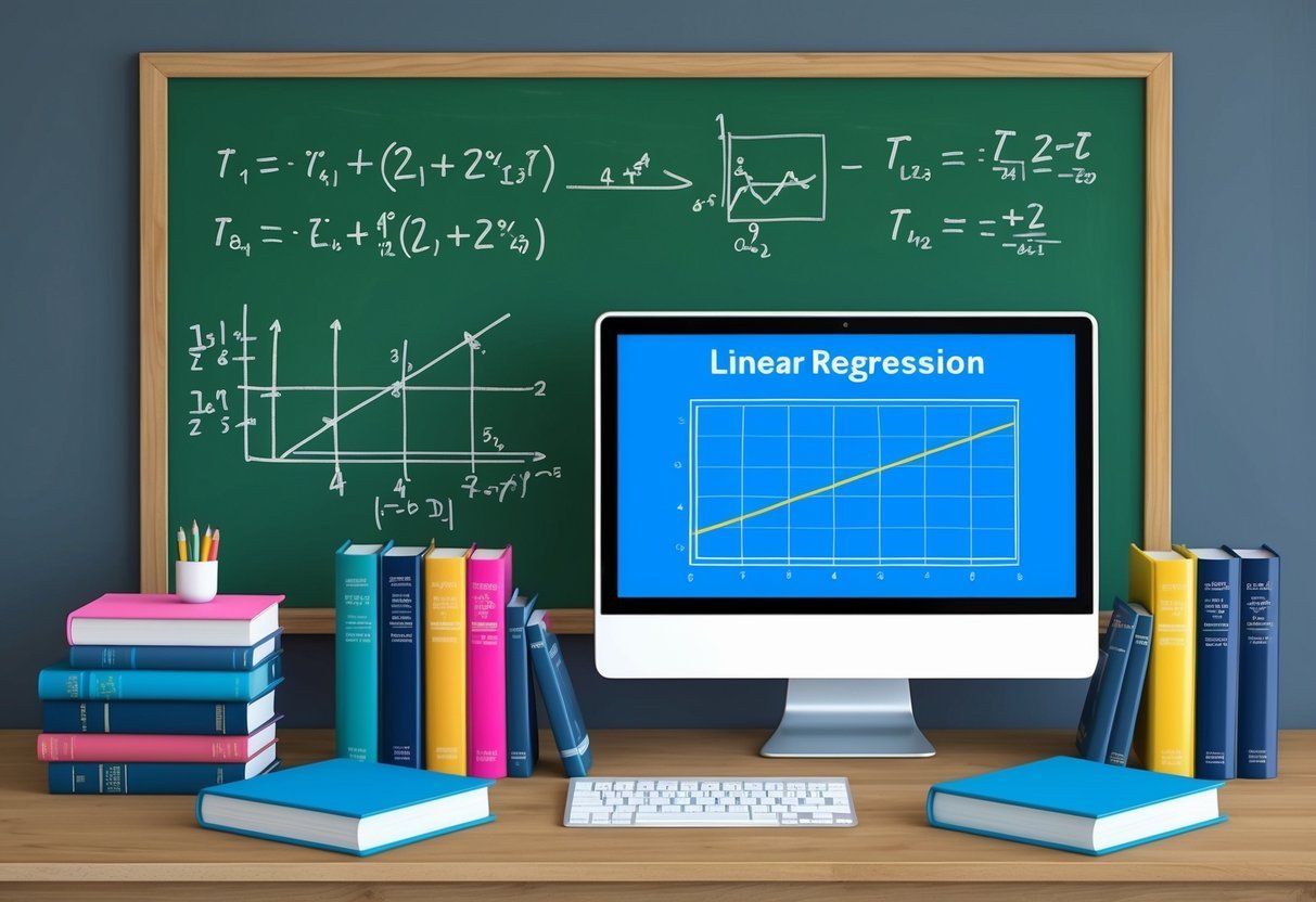 A chalkboard filled with equations and graphs, surrounded by books on statistics and computer science. A computer screen displaying a linear regression algorithm in action