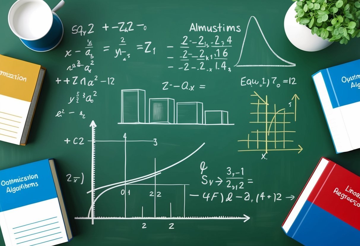 A chalkboard filled with equations and graphs, surrounded by books on optimization algorithms and linear regression