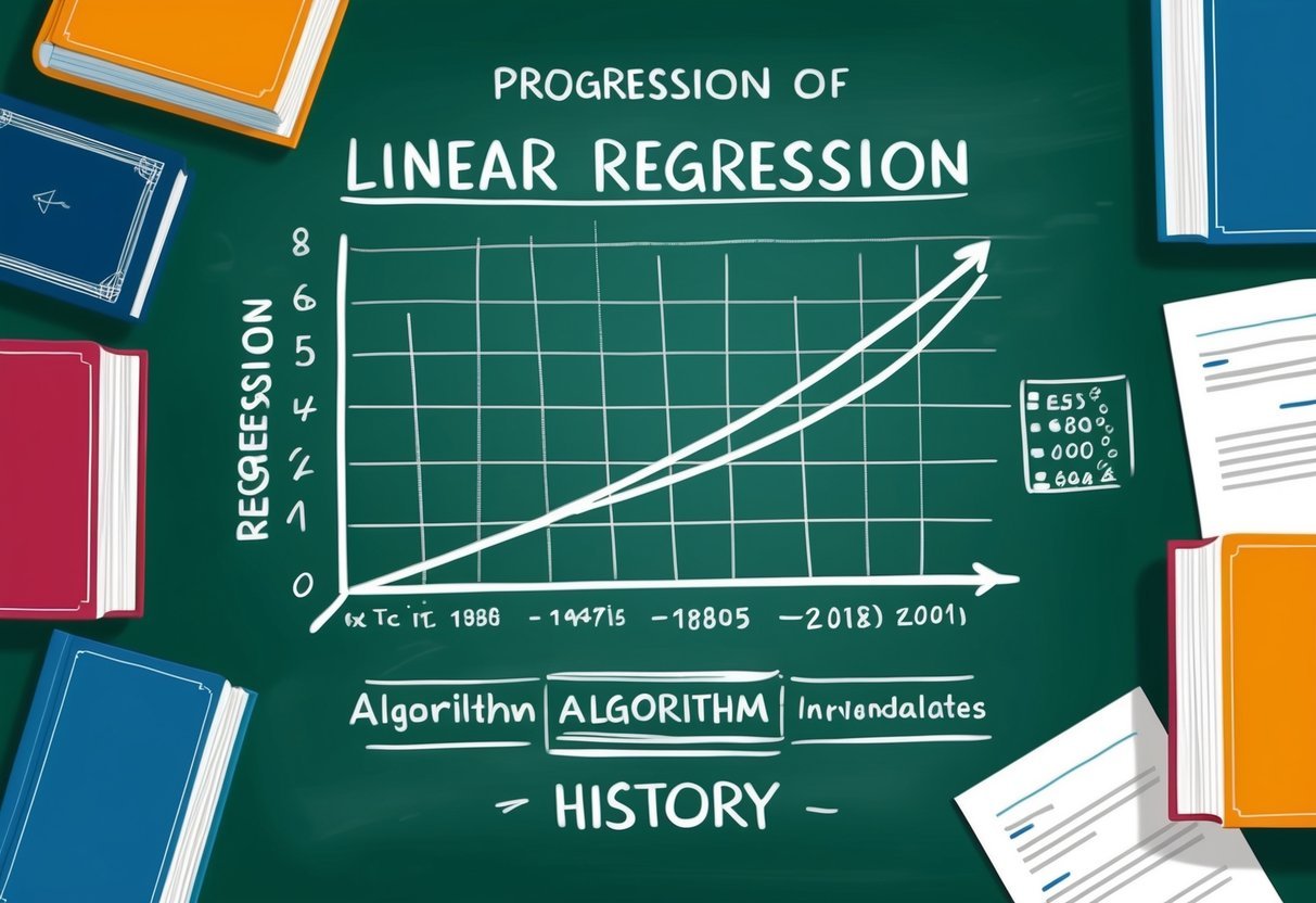 A chalkboard with a graph showing the progression of linear regression algorithm history, surrounded by books and research papers