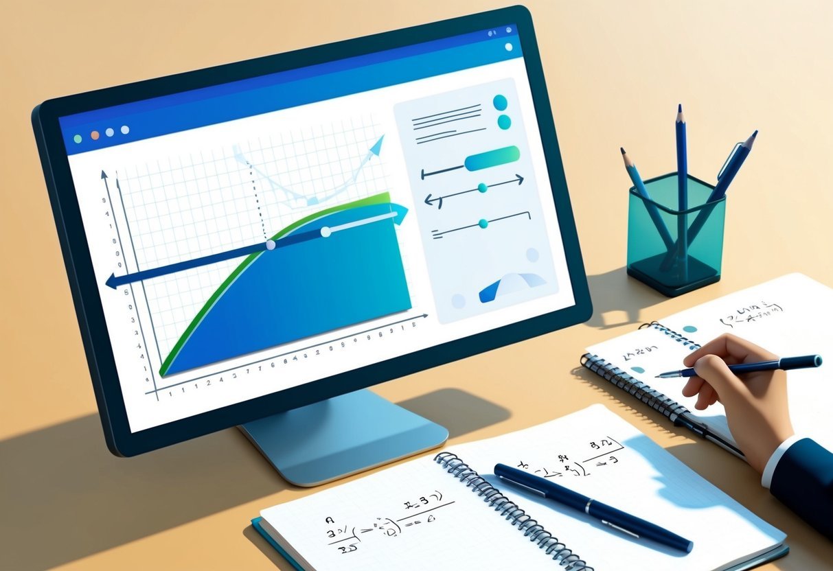 A computer screen displaying a graph with a curve being adjusted by a slider, while a notebook with equations and a pen sit nearby