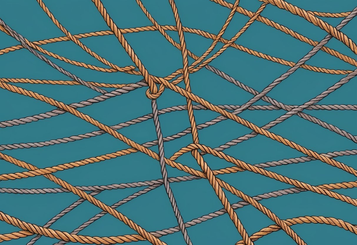 A maze of tangled ropes, with some being pulled taut and others left slack, symbolizing the complexity of L1 regularization in lasso regression