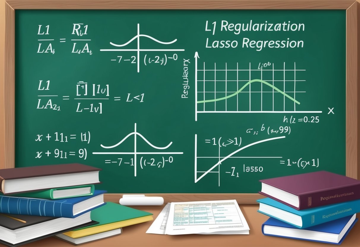 A chalkboard filled with equations and graphs related to L1 regularization and lasso regression, surrounded by books and research papers on the topic