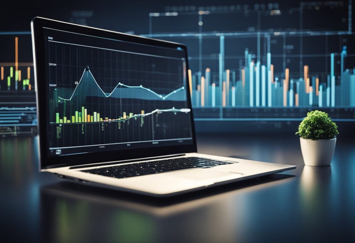 A computer screen displaying a graph with a line steadily rising, surrounded by various charts and data visualizations