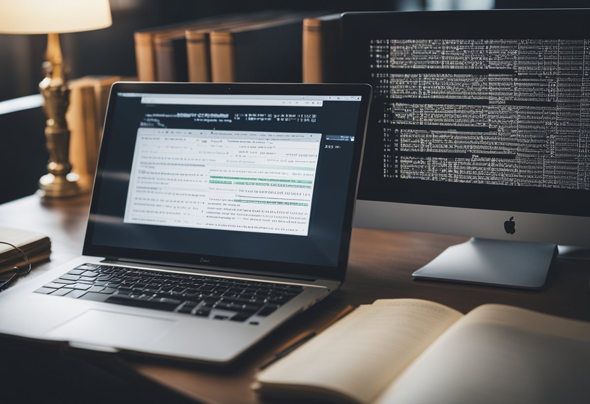 A computer screen displaying code for model deployment, surrounded by open books and a notepad with handwritten notes