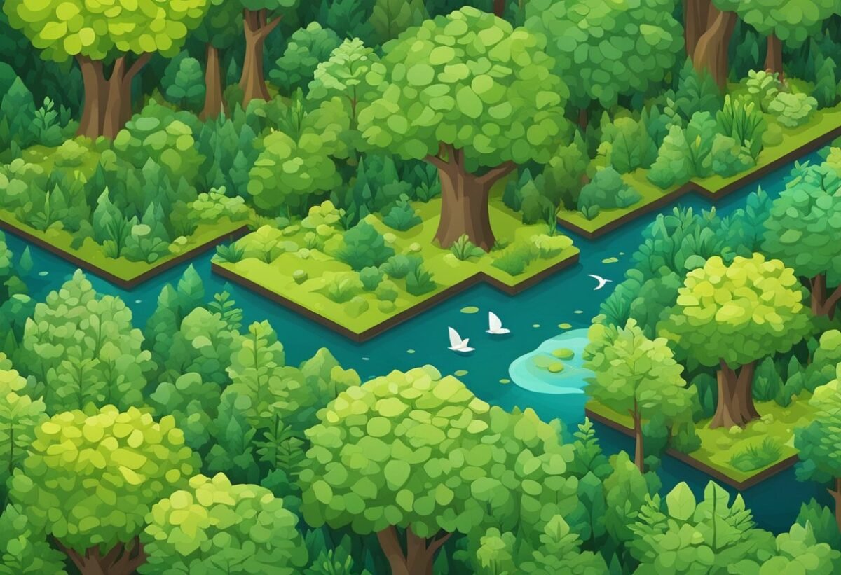 A dense forest with a variety of trees and foliage, showcasing the interconnectedness and diversity of the ecosystem