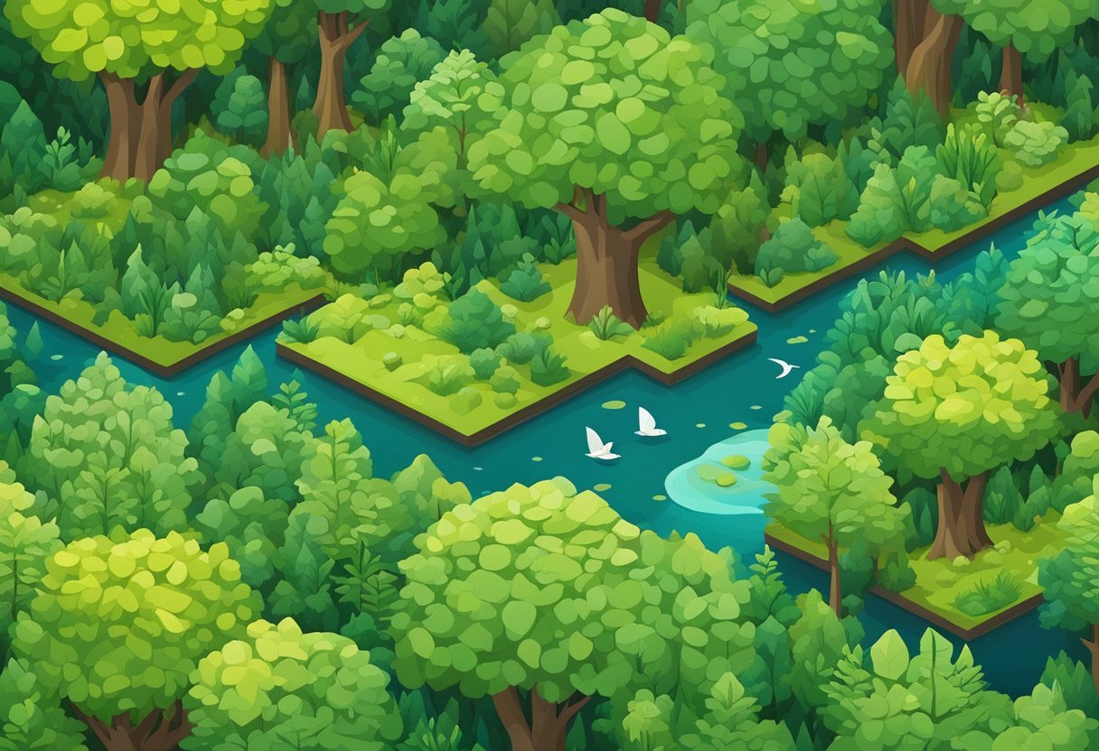 A dense forest with a variety of trees and foliage, showcasing the interconnectedness and diversity of the ecosystem
