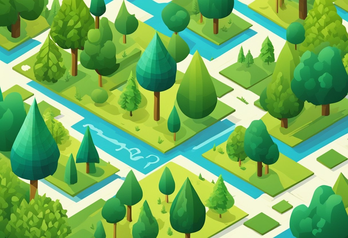 A forest with various types of trees arranged in a random pattern, with mathematical equations and formulas floating in the air above them