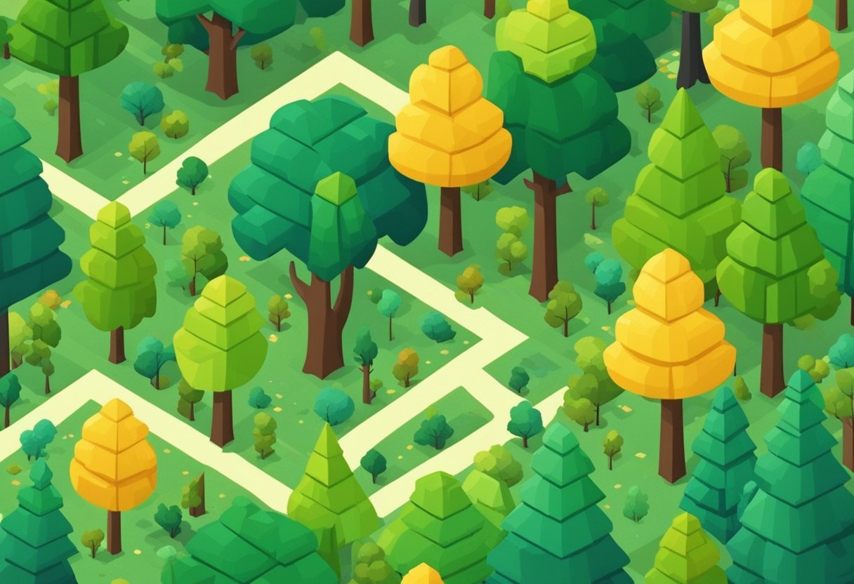 A dense forest with various types of trees, showcasing the complexity and diversity of the ecosystem. The scene conveys the concept of randomness and complexity in the context of random forests learning