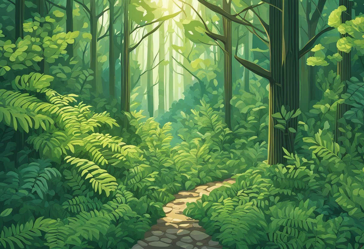 A dense forest with tangled underbrush, towering trees, and dappled sunlight filtering through the leaves