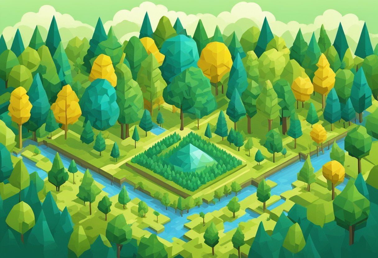A forest clearing with various trees, each representing a different algorithm. A historical timeline weaves through the scene, symbolizing the evolution of random forest