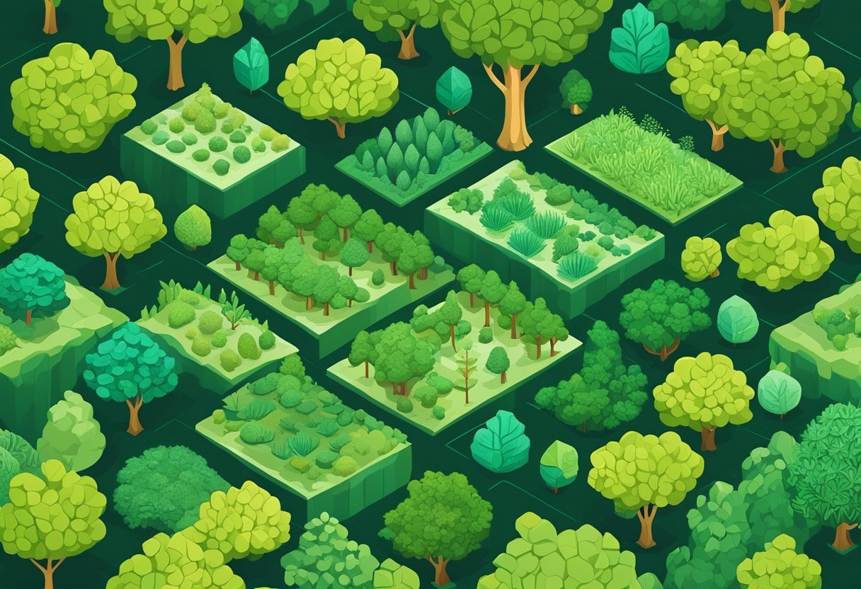 A lush forest with interconnected trees and diverse plant life, representing the complexity and interconnectedness of random forest research