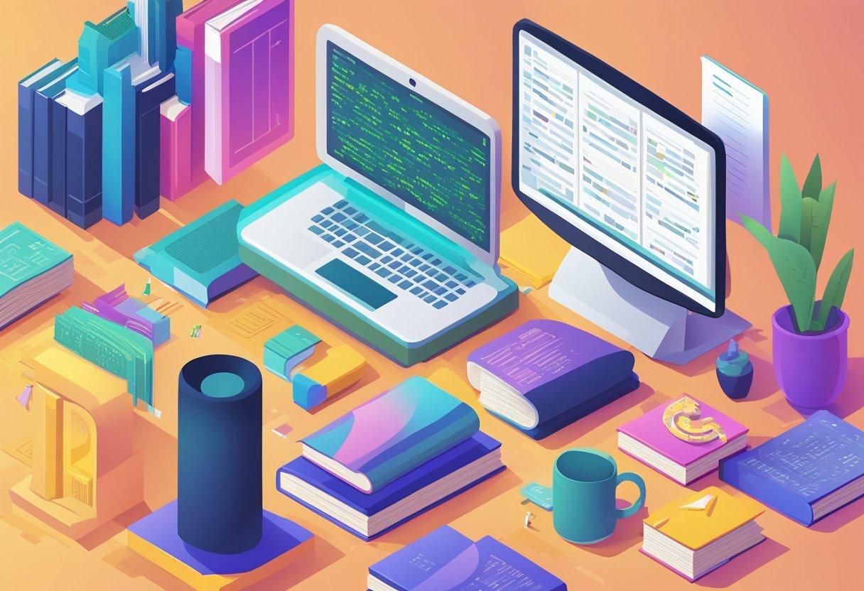 A computer screen displaying Python code interacting with an API, surrounded by open books and notes