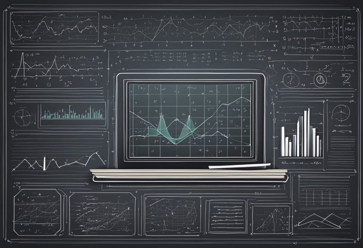 A chalkboard filled with mathematical equations and graphs, surrounded by books on statistics and data representation