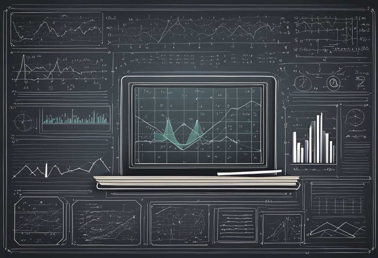 A chalkboard filled with mathematical equations and graphs, surrounded by books on statistics and data representation