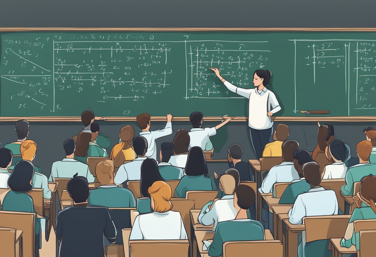 A chalkboard filled with matrices and equations, surrounded by students taking notes and asking questions