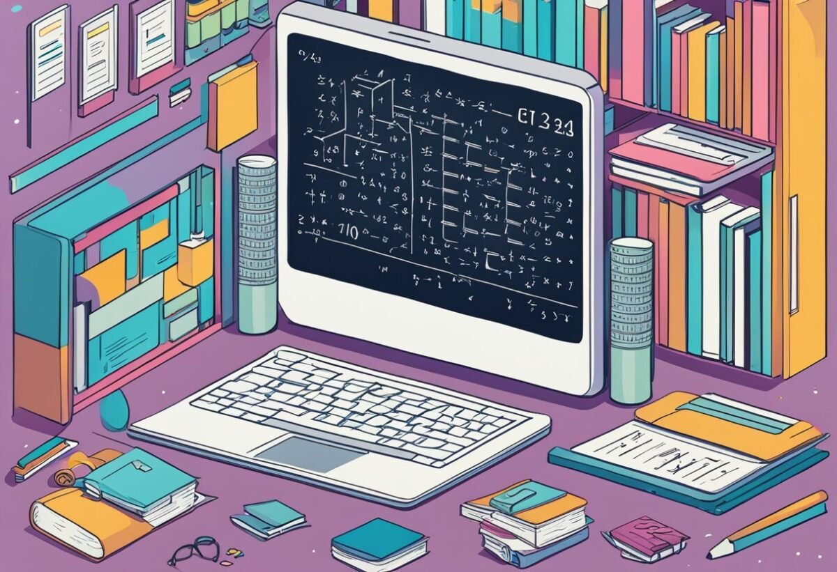 A chalkboard filled with mathematical equations and matrices, surrounded by textbooks and a laptop with statistical software open